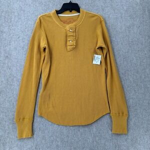Long‎ Sleeve Boxy Waffle Knit Henley Top T-Shirt SMALL Mustard Yellow Thermal